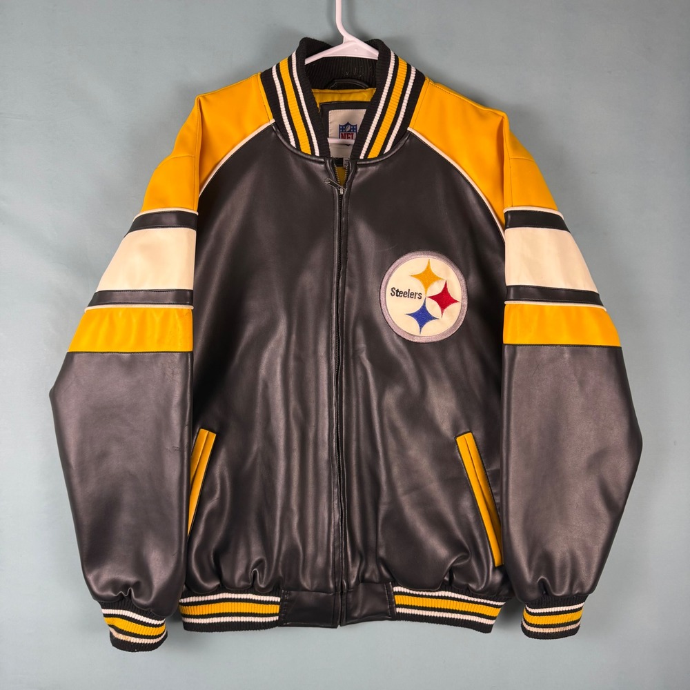 G-III Pittsburgh Steelers Mens M Black Gold Faux Leather Varsity Bomber Jacket